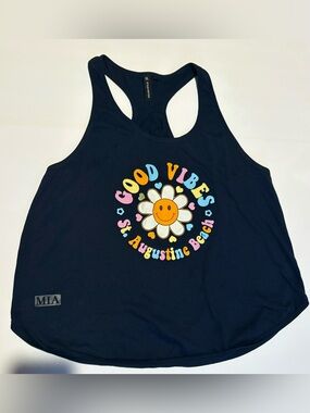 Hot Miami Styles Navy Tank with Colorful Daisy 'Good Vibes' Graphic